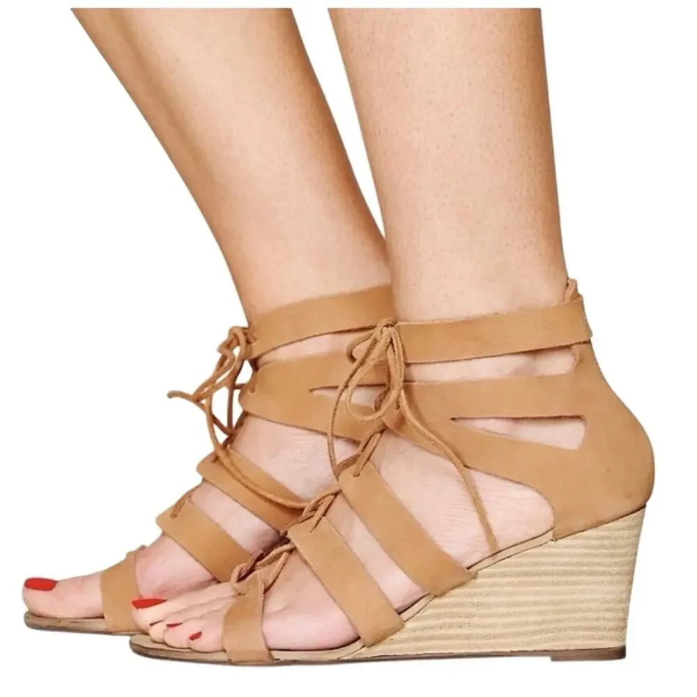 Free people cradle mini wedge strappy gladiator sandal Congac tan leather sz 8.5